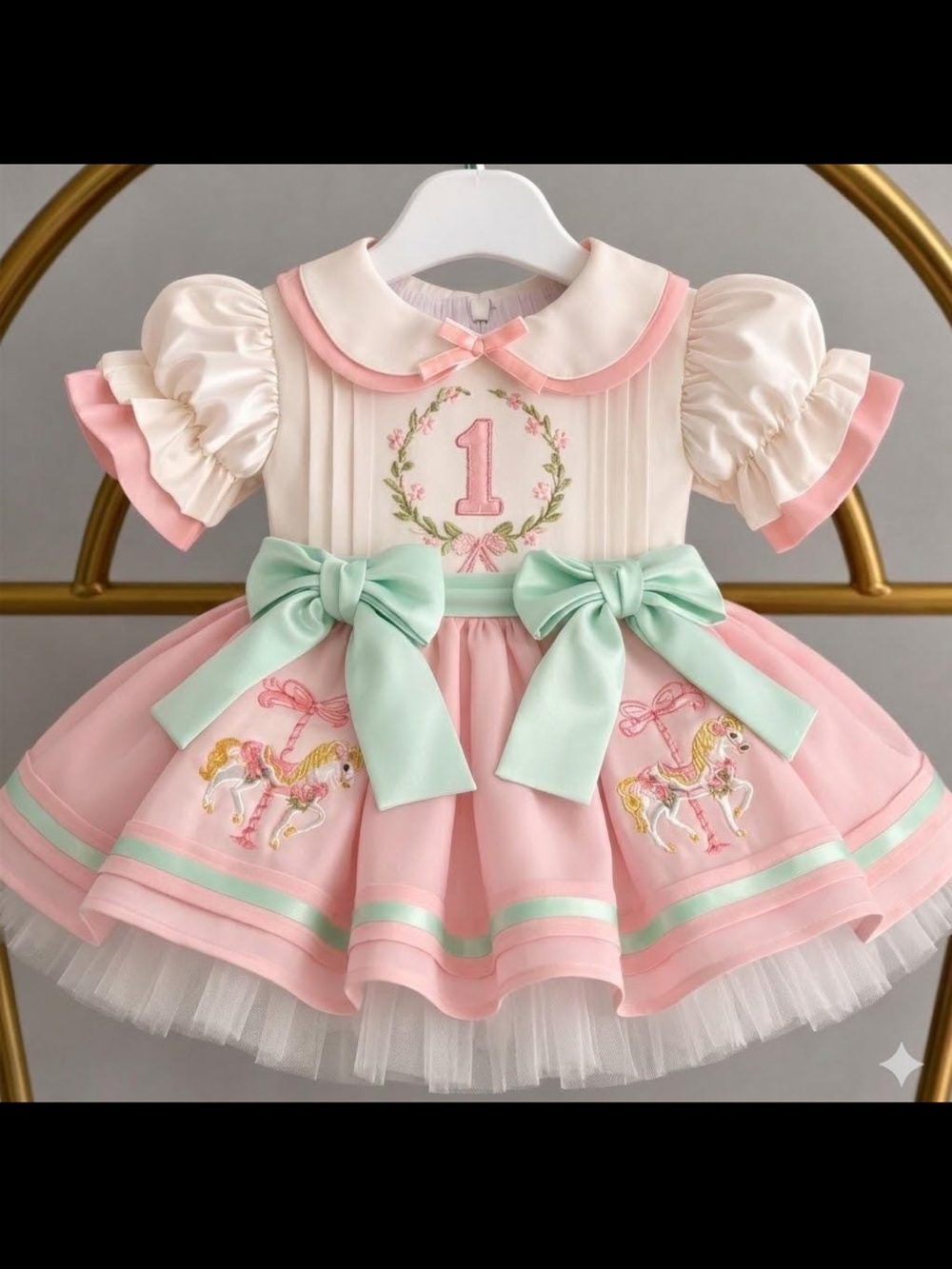 Pink & Mint Carousel Unicorn First Birthday Dress